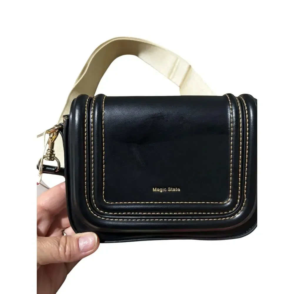 Zara black faux leather tan canvas strap cross body bag modern square style nwt